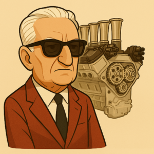 En tecknad karikatyr på Enzo_Ferrari med en ferrarimotor i bakgrunden