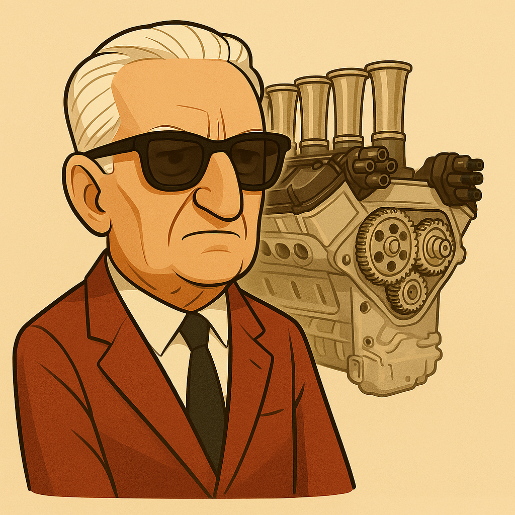 En tecknad karikatyr på Enzo_Ferrari med en ferrarimotor i bakgrunden