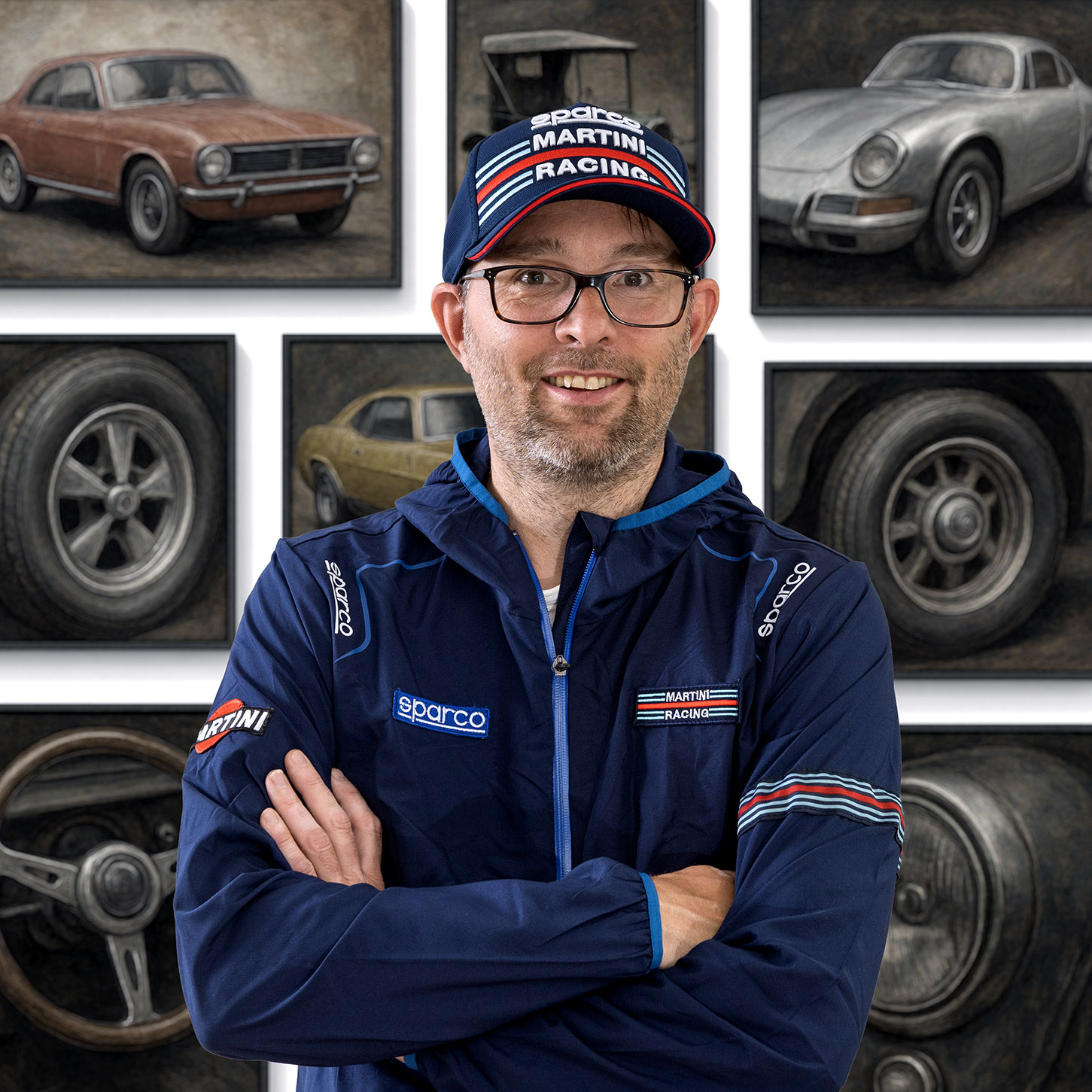 Bild på en person med Sparco och Martina Racing kläder på sig